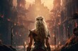 Warrior blonde woman gaming fictional world. Generate Ai