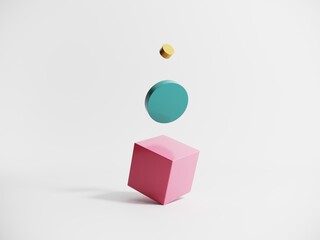 Poster - Abstract objects, shapes, elements on isolated white background - 3d render. Geometric icon, sign for web design. Podium, display with arches for product advertising. motion graphics in bright colors.