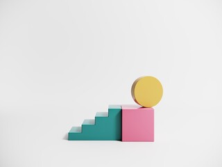 Poster - Abstract objects, shapes, elements on isolated white background - 3d render. Geometric icon, sign for web design. Podium, display with arches for product advertising. motion graphics in bright colors.