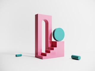 Poster - Abstract objects, shapes, elements on isolated white background - 3d render. Geometric icon, sign for web design. Podium, display with arches for product advertising. motion graphics in bright colors.