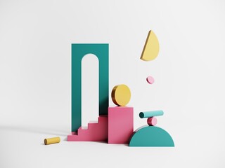 Poster - Abstract objects, shapes, elements on isolated white background - 3d render. Geometric icon, sign for web design. Podium, display with arches for product advertising. motion graphics in bright colors.