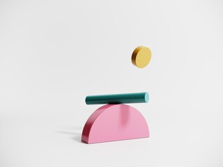 Poster - Abstract objects, shapes, elements on isolated white background - 3d render. Geometric icon, sign for web design. Podium, display with arches for product advertising. motion graphics in bright colors.