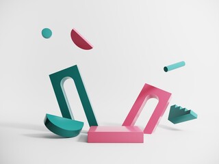 Poster - Abstract objects, shapes, elements on isolated white background - 3d render. Geometric icon, sign for web design. Podium, display with arches for product advertising. motion graphics in bright colors.