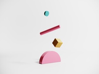 Poster - Abstract objects, shapes, elements on isolated white background - 3d render. Geometric icon, sign for web design. Podium, display with arches for product advertising. motion graphics in bright colors.