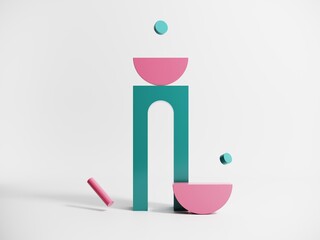 Poster - Abstract objects, shapes, elements on isolated white background - 3d render. Geometric icon, sign for web design. Podium, display with arches for product advertising. motion graphics in bright colors.