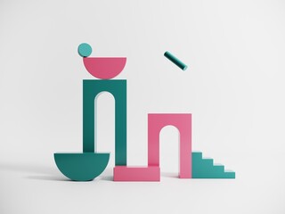 Poster - Abstract objects, shapes, elements on isolated white background - 3d render. Geometric icon, sign for web design. Podium, display with arches for product advertising. motion graphics in bright colors.