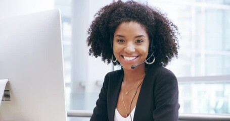 Wall Mural - Portrait, call center and woman with telemarketing, customer service or communication for help. Face, female person or agent with headphones, tech support or consultation with connection and speaking