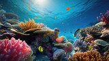 Fototapeta Do akwarium - Coral reefs: Images portray vibrant and colorful coral reefs, home to a variety of marine life, showcasing the beauty and fragility of underwater ecosystems. Generative AI
