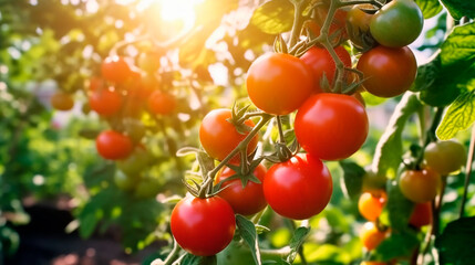  Red tomatoes growing on bushes on a farm, tomatoes close - up, blurred background farm. Generative AI