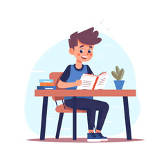 Aufkleber - generative ai boy studying with a book. concept illustration for education. vector illustration in f