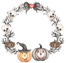 Happy Halloween Holiday Party Wreath With Skull, Spooky Pumpkins, Black Bow And Black Branches Clipart. Watercolor Cartoon Illustration.