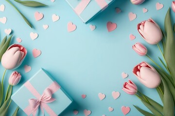 Wall Mural - Mother's Day decorations concept. Top view photo of pink tulips present boxes small hearts and sprinkles on isolated pastel blue background with copyspace in the, Generative AI