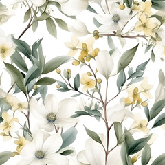 Wall Mural - Floral seamless pattern with white flowers. Botanical background. AI Illustration. For wallpaper, prints, fabric design, wrapping paper, surface textures, digital paper.