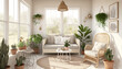 Bright and airy sunroom with wicker furniture and indoor plant. AI Generated