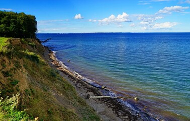 Image of a sea shore, green trees and a beautiful sky