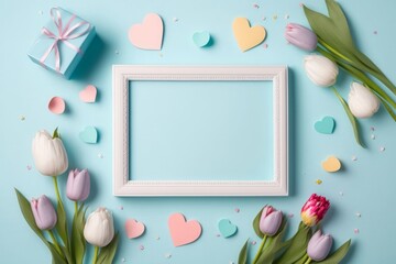 Wall Mural - Mother's Day concept. Top view photo of photo frame spring flowers tulips present boxes small hearts and sprinkles on isolated pastel blue background with empty, Generative AI