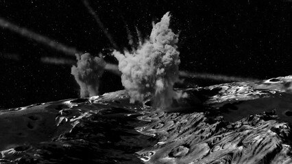 Wall Mural - moon surface bombarded by meteors,4k. 3d rendering cinematic view over the moon with meteors and dus