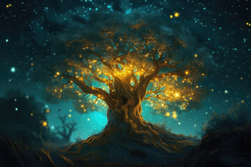 art print of a blue tree with stars inside, in the style of golden light, generative ai
