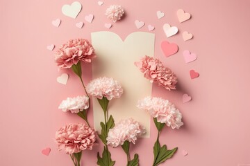 Wall Mural - Mother's Day present idea. Top view of carnation flowers and heart-shaped papers on a pastel pink surface, Generative AI