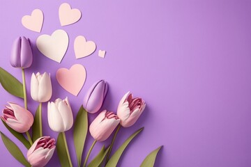 Wall Mural - Mother's Day floral gift concept. Top view flat lay of pretty tulip flowers, paper hearts on a soft pastel violet background with space for text, Generative AI