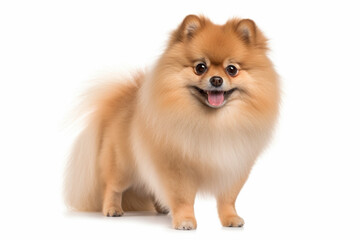 Portrait of Pomeranian dog on white background. Generative AI illustration