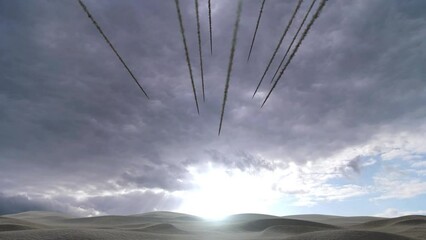Wall Mural - meteors or missiles over desert sand dunes, aerial meteors burning over the desert skies, 4k, 2023