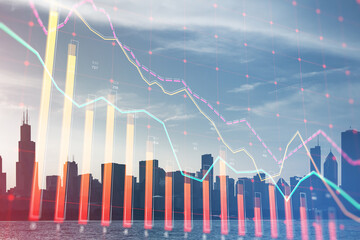 Aufkleber - Abstract downward red crisis chart grid on blurry city skyline backdrop. Recession and economic fall concept. Double exposure.