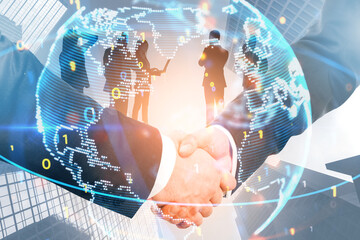 Aufkleber - Side view of businessmen shaking hands with digital metaverse globe and binary coding on light city background. Teamwork, future and technology concept. Double exposure.