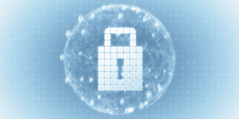 Poster - Glowing globe with white safety padlock on light background. Global digital security and protection concept. 3D Rendering.