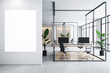 © Who is Danny - Front view on blank white poster with place for your logo or text on light wall in stylish sunlit coworking office with white wall background and stylish workspace in metal frame. 3D rendering, mockup