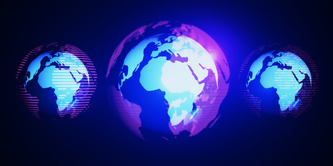 Poster - Abstract glowing digital blue globe hologram on dark background. Digital world, global hacking protection and hud concept. 3D Rendering.