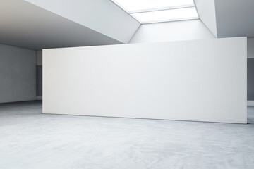 Poster - Perspective view of modern bright gallery with blank white wall background and concrete grey floor. 3D Rendering, mockup