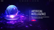 Web banner with artificial Intelligence computer database concept. Central Computer Processors CPU in form of hologram planet on digital podium.