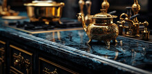 Golden Grandeur: Close-Up Of Intricate Golden China On A Blue And Black Marble Surface, Exuding Elegance And Opulence
