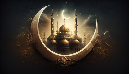 islamic background with moon lanterns and mosque for ramadan eid ul fitr and eid al adha eid milad muharram generative ai