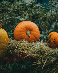 Canvas Print - Bunch of various shaped pumpkins on hay bales - autumn setting