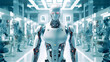 © Marcus Jacobi - a freshly built human looking robot stands in a workshop where robots are built, generative AI