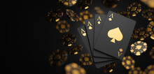 Casino Game poker card Playing Gambling Chips black And Gold Style Banner Backdrop Background Concept. 3d Rendering.