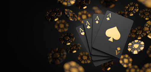 casino game poker card playing gambling chips black and gold style banner backdrop background concep