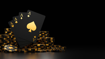 Wall Mural - Casino game poker card playing gambling chips black and gold style banner backdrop background Concept. 3d rendering.