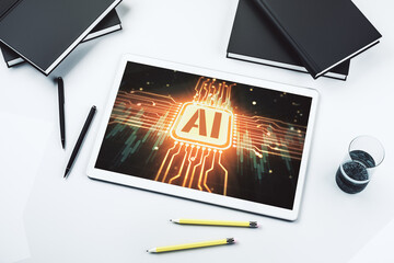 Aufkleber - Creative artificial Intelligence symbol concept on modern digital tablet screen. Top view. 3D Rendering