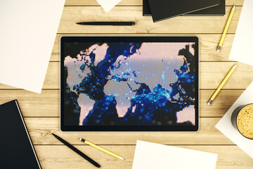 Poster - Top view of modern digital tablet monitor with abstract digital world map, research and strategy concept. 3D Rendering