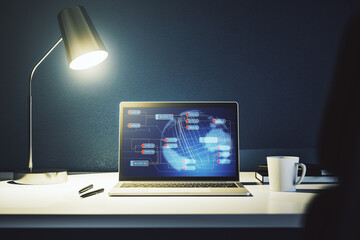 Aufkleber - Modern computer screen with abstract graphic coding sketch and world map, big data and networking concept. 3D Rendering