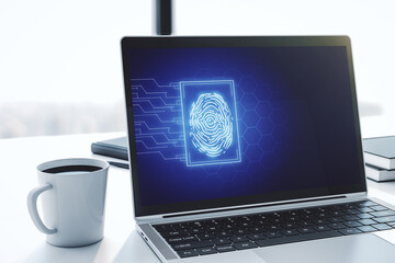 Aufkleber - Abstract creative fingerprint illustration on modern laptop monitor, digital access concept. 3D Rendering
