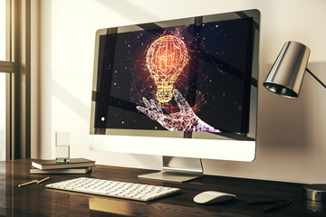 Poster - Creative idea concept with light bulb illustration on modern laptop screen. 3D Rendering