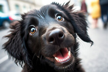 Portrait Of A Cute Black Dog With Big Eyes On The Street, Generative AI