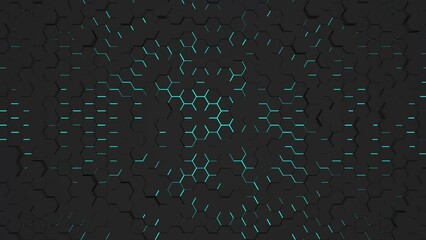 Poster - Abstract dynamic textured background of hexagons and neon alien glow. Screensaver for decoration or intro. Rendering animation.