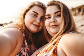 Two fat caucasian girls spending good time at the beach together. Neural network generated in May 2023. Not based on any actual person, scene or pattern. Generative AI