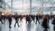 blurred business people at a trade fair or walking in a modern hall, no face photo, Generative AI