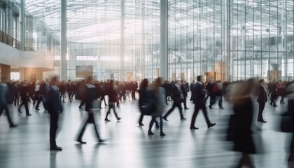 blurred business people at a trade fair or walking in a modern hall, no face photo, generative ai